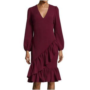 Alexia Admor Ruffle v-neck Dress XL burgundy red purple long sleeve
